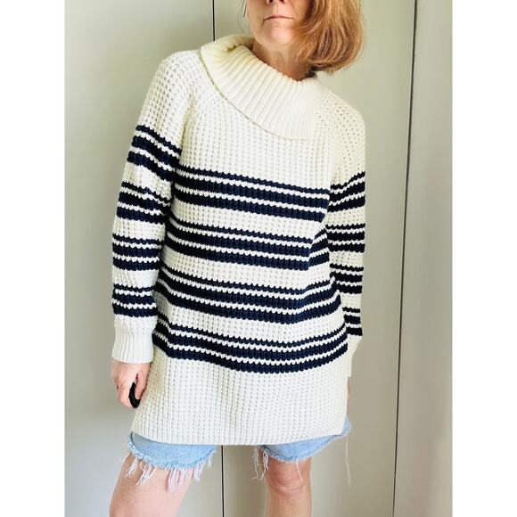 Nautical Striped Chunky Knit Sweater Size Large Cotton Lands' End Coastal Beachy - Picture 6 of 9